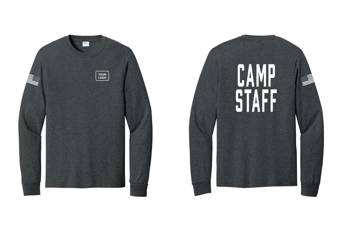NYC Factory Custom Logo Camp Staff Cotton Long Sleeve T-Shirt (Classic) - Your Logo + Back + US Flag Sleeve - Dark Heather Grey