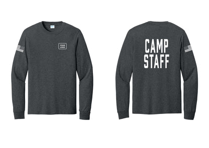 NYC Factory Custom Logo Camp Staff Cotton Long Sleeve T-Shirt (Classic) - Your Logo + Back + US Flag Sleeve - Dark Heather Grey