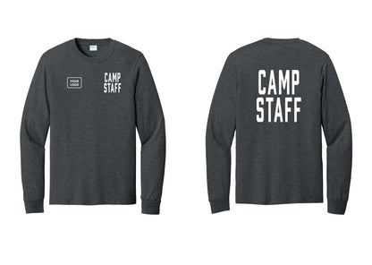 NYC Factory Custom Logo Camp Staff Cotton Long Sleeve T-Shirt (Classic) - CAMP STAFF + Your Logo + Back - Dark Heather Grey