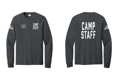 NYC Factory Custom Logo Camp Staff Cotton Long Sleeve T-Shirt (Classic) - CAMP STAFF + Your Logo + Back + US Flag Sleeve - Dark Heather Grey