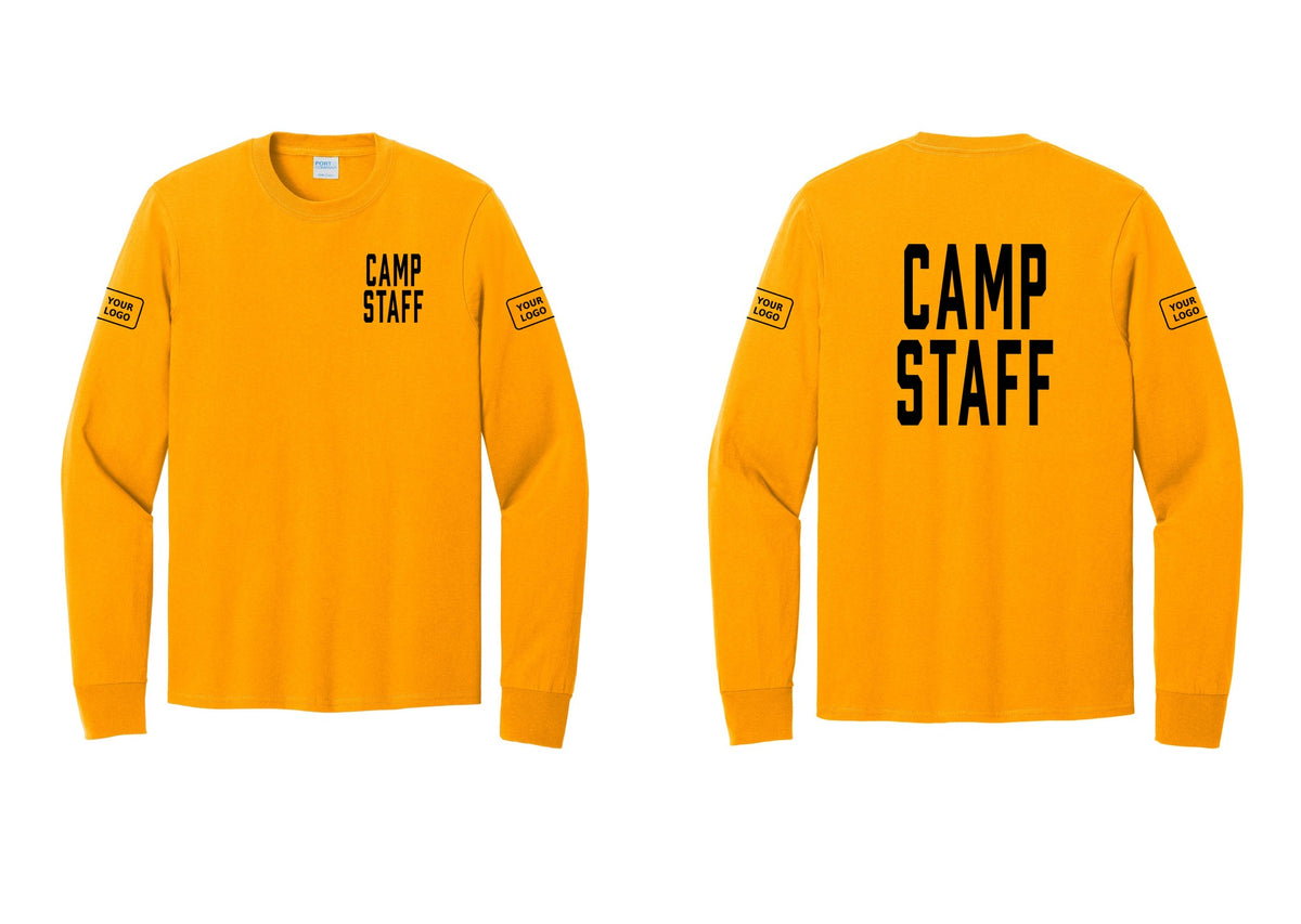 NYC Factory Custom Logo Camp Staff Cotton Long Sleeve T-Shirt (Classic) - Chest + Back + Your Logo Sleeves - Gold