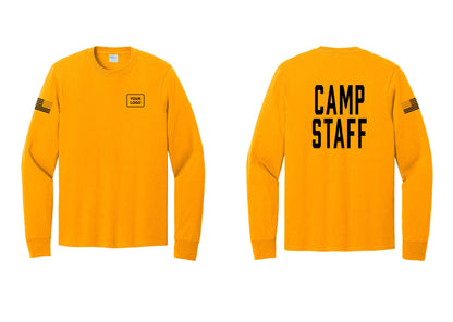 NYC Factory Custom Logo Camp Staff Cotton Long Sleeve T-Shirt (Classic) - Your Logo + Back + US Flag Sleeve - Gold
