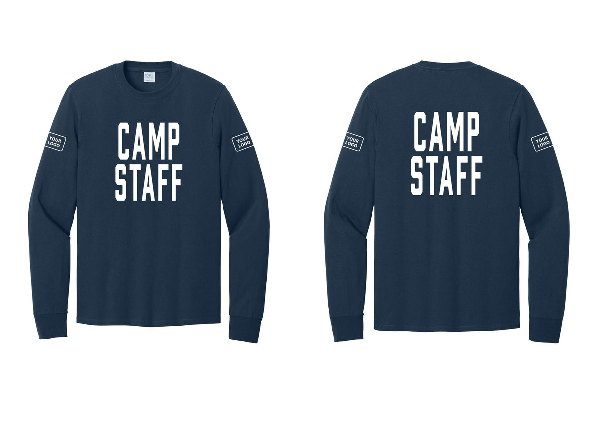 NYC Factory Custom Logo Camp Staff Cotton Long Sleeve T-Shirt (Classic) - Front + Back + Your Logo Sleeves - Navy