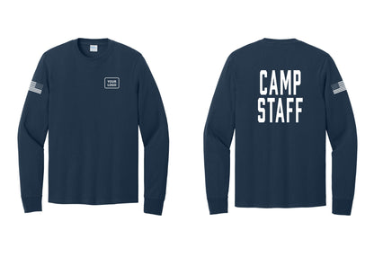 NYC Factory Custom Logo Camp Staff Cotton Long Sleeve T-Shirt (Classic) - Your Logo + Back + US Flag Sleeve - Navy