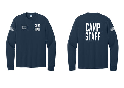 NYC Factory Custom Logo Camp Staff Cotton Long Sleeve T-Shirt (Classic) - CAMP STAFF + Your Logo + Back + US Flag Sleeve - Navy