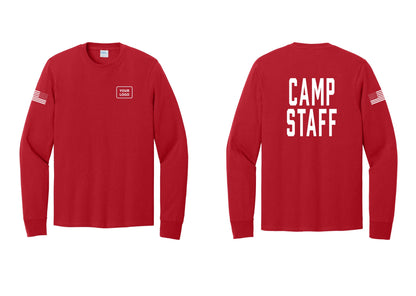 NYC Factory Custom Logo Camp Staff Cotton Long Sleeve T-Shirt (Classic) - Your Logo + Back + US Flag Sleeve - Red