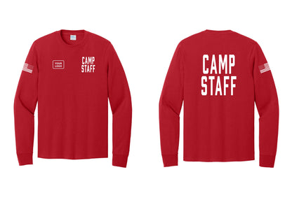 NYC Factory Custom Logo Camp Staff Cotton Long Sleeve T-Shirt (Classic) - CAMP STAFF + Your Logo + Back + US Flag Sleeve - Red