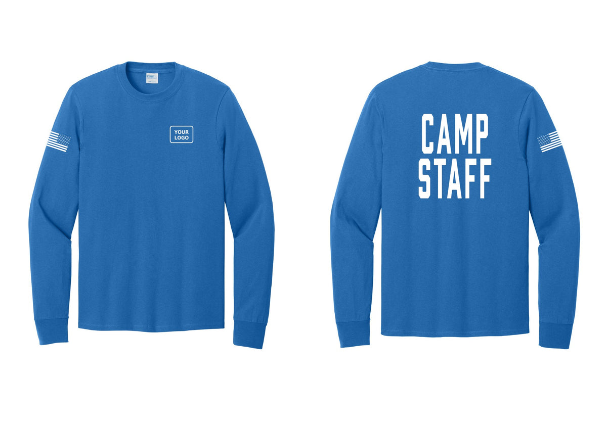 NYC Factory Custom Logo Camp Staff Cotton Long Sleeve T-Shirt (Classic) - Your Logo + Back + US Flag Sleeve - Royal