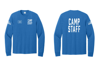NYC Factory Custom Logo Camp Staff Cotton Long Sleeve T-Shirt (Classic) - CAMP STAFF + Your Logo + Back + US Flag Sleeve - Royal