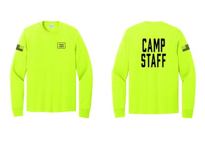 NYC Factory Custom Logo Camp Staff Cotton Long Sleeve T-Shirt (Classic) - Your Logo + Back + US Flag Sleeve - Safety Green