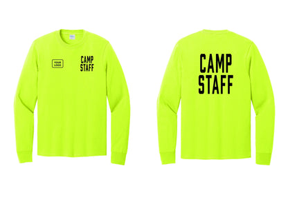 NYC Factory Custom Logo Camp Staff Cotton Long Sleeve T-Shirt (Classic) - CAMP STAFF + Your Logo + Back - Safety Green