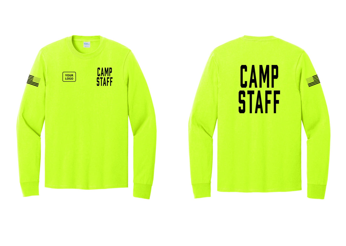 NYC Factory Custom Logo Camp Staff Cotton Long Sleeve T-Shirt (Classic) - CAMP STAFF + Your Logo + Back + US Flag Sleeve - Safety Green