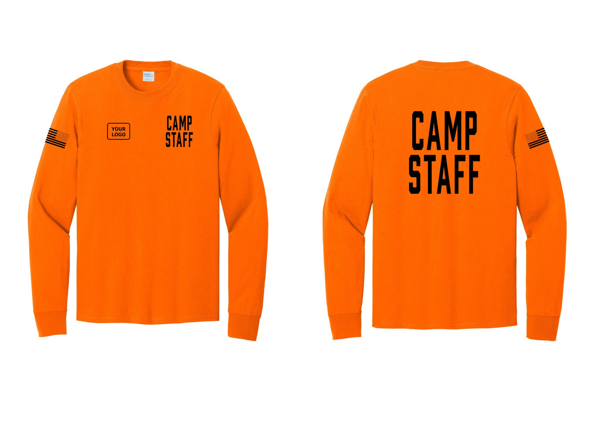 NYC Factory Custom Logo Camp Staff Cotton Long Sleeve T-Shirt (Classic) - CAMP STAFF + Your Logo + Back + US Flag Sleeve - Safety Orange