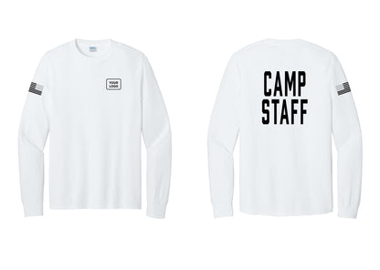 NYC Factory Custom Logo Camp Staff Cotton Long Sleeve T-Shirt (Classic) - Your Logo + Back + US Flag Sleeve - White