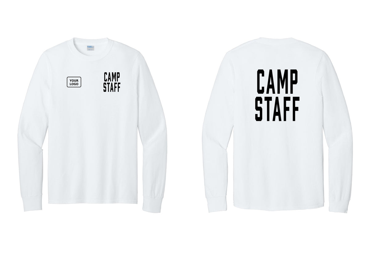 NYC Factory Custom Logo Camp Staff Cotton Long Sleeve T-Shirt (Classic) - CAMP STAFF + Your Logo + Back - White