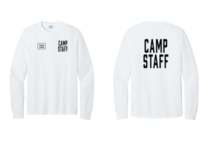 NYC Factory Custom Logo Camp Staff Cotton Long Sleeve T-Shirt (Classic) - CAMP STAFF + Your Logo + Back - White