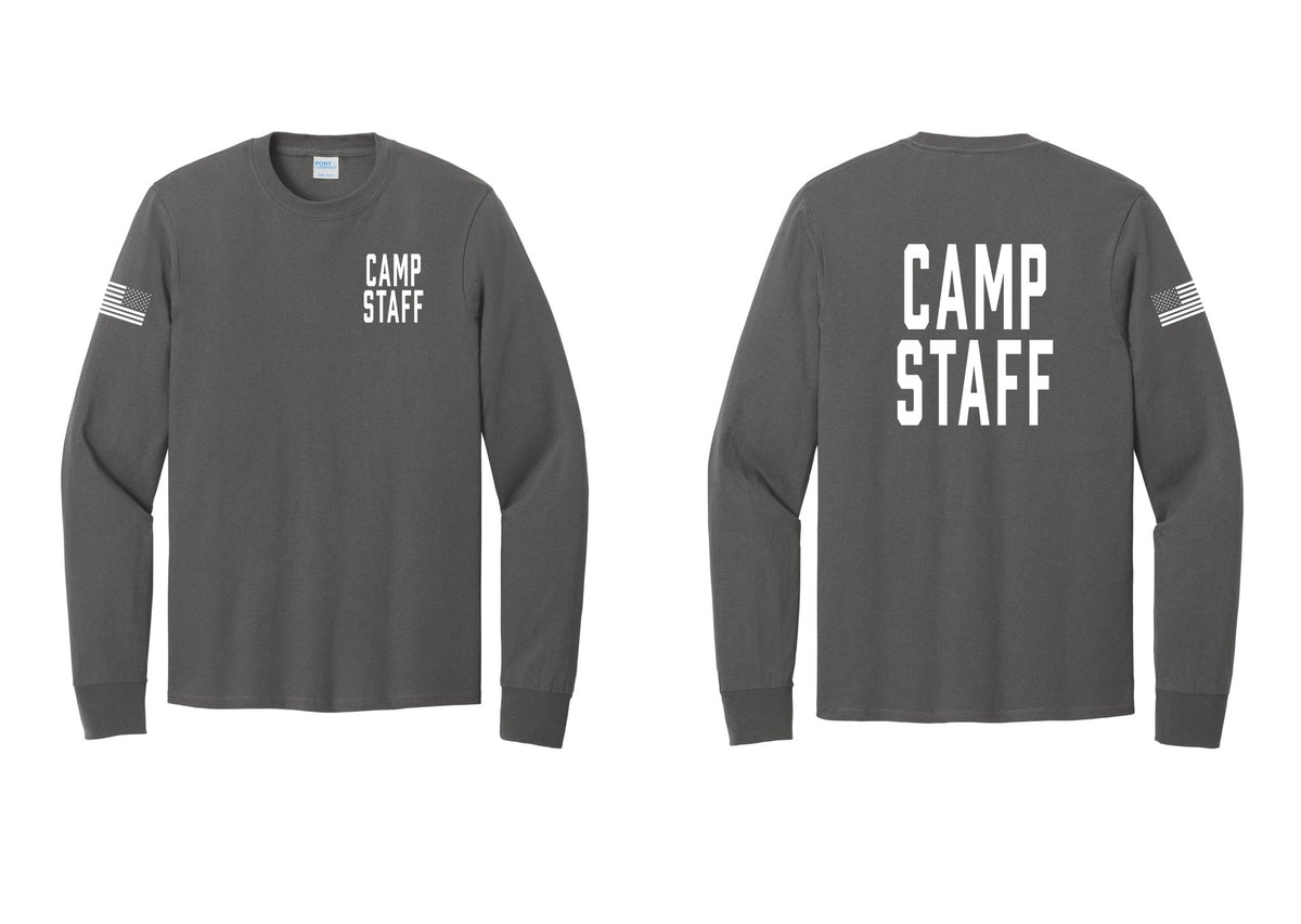NYC Factory Camp Staff Cotton Long Sleeve T-Shirt (Classic) - Chest + Back + US Flag Sleeve - Charcoal