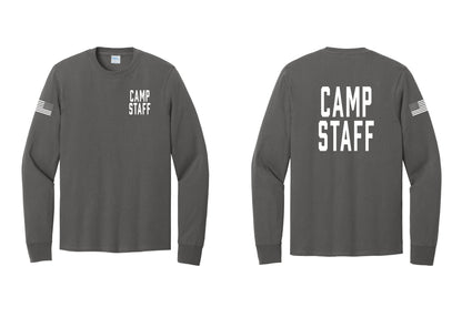 NYC Factory Camp Staff Cotton Long Sleeve T-Shirt (Classic) - Chest + Back + US Flag Sleeve - Charcoal