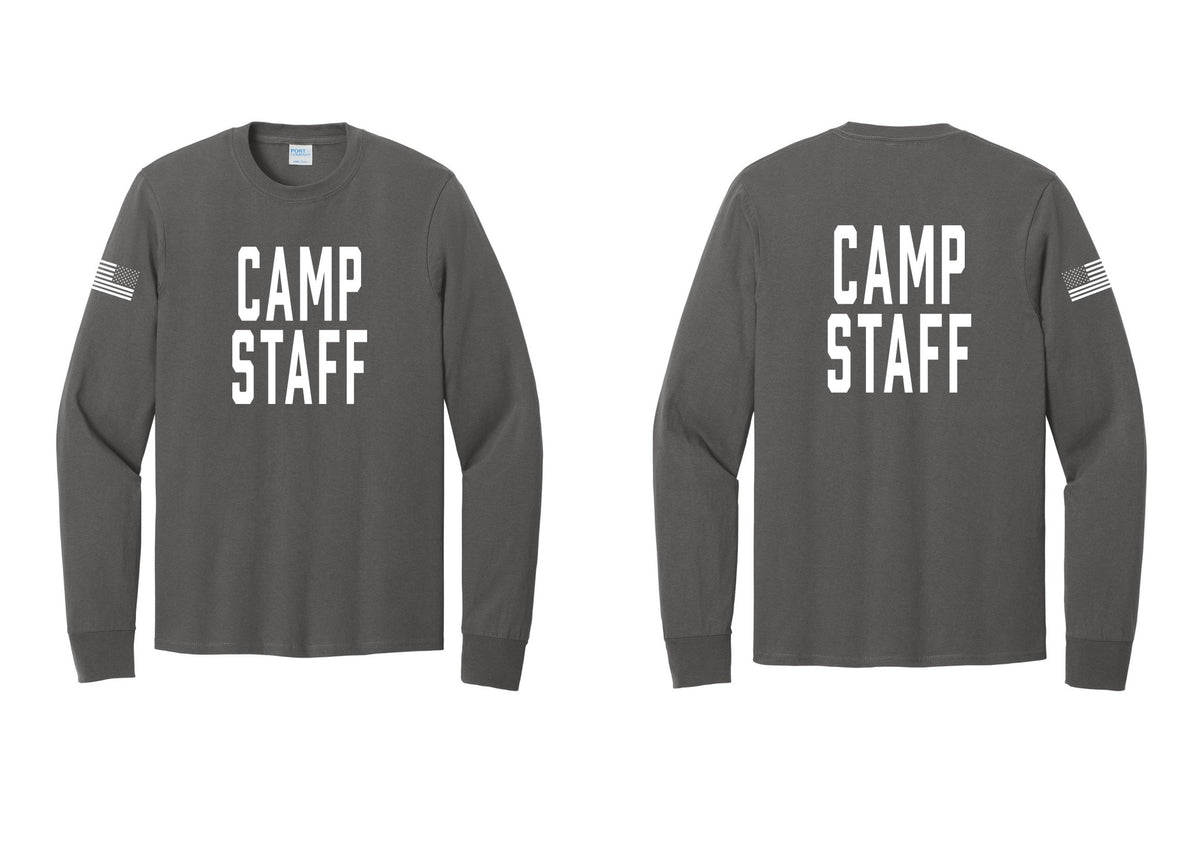 NYC Factory Camp Staff Cotton Long Sleeve T-Shirt (Classic) - Front + Back + US Flag Sleeve - Charcoal
