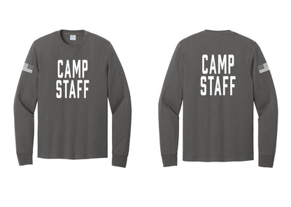 NYC Factory Camp Staff Cotton Long Sleeve T-Shirt (Classic) - Front + Back + US Flag Sleeve - Charcoal