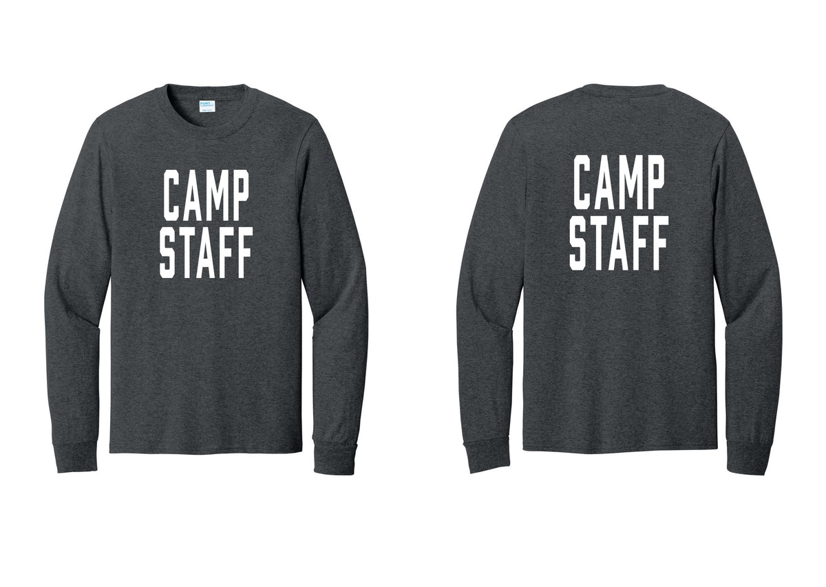NYC Factory Camp Staff Cotton Long Sleeve T-Shirt (Classic) - Front + Back - Dark Heather Grey