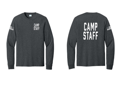 NYC Factory Camp Staff Cotton Long Sleeve T-Shirt (Classic) - Chest + Back + US Flag Sleeve - Dark Heather Grey