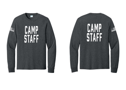 NYC Factory Camp Staff Cotton Long Sleeve T-Shirt (Classic) - Front + Back + US Flag Sleeve - Dark Heather Grey