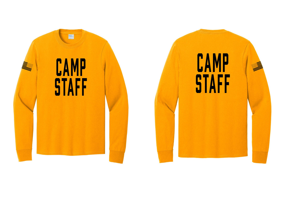 NYC Factory Camp Staff Cotton Long Sleeve T-Shirt (Classic) - Front + Back + US Flag Sleeve - Gold