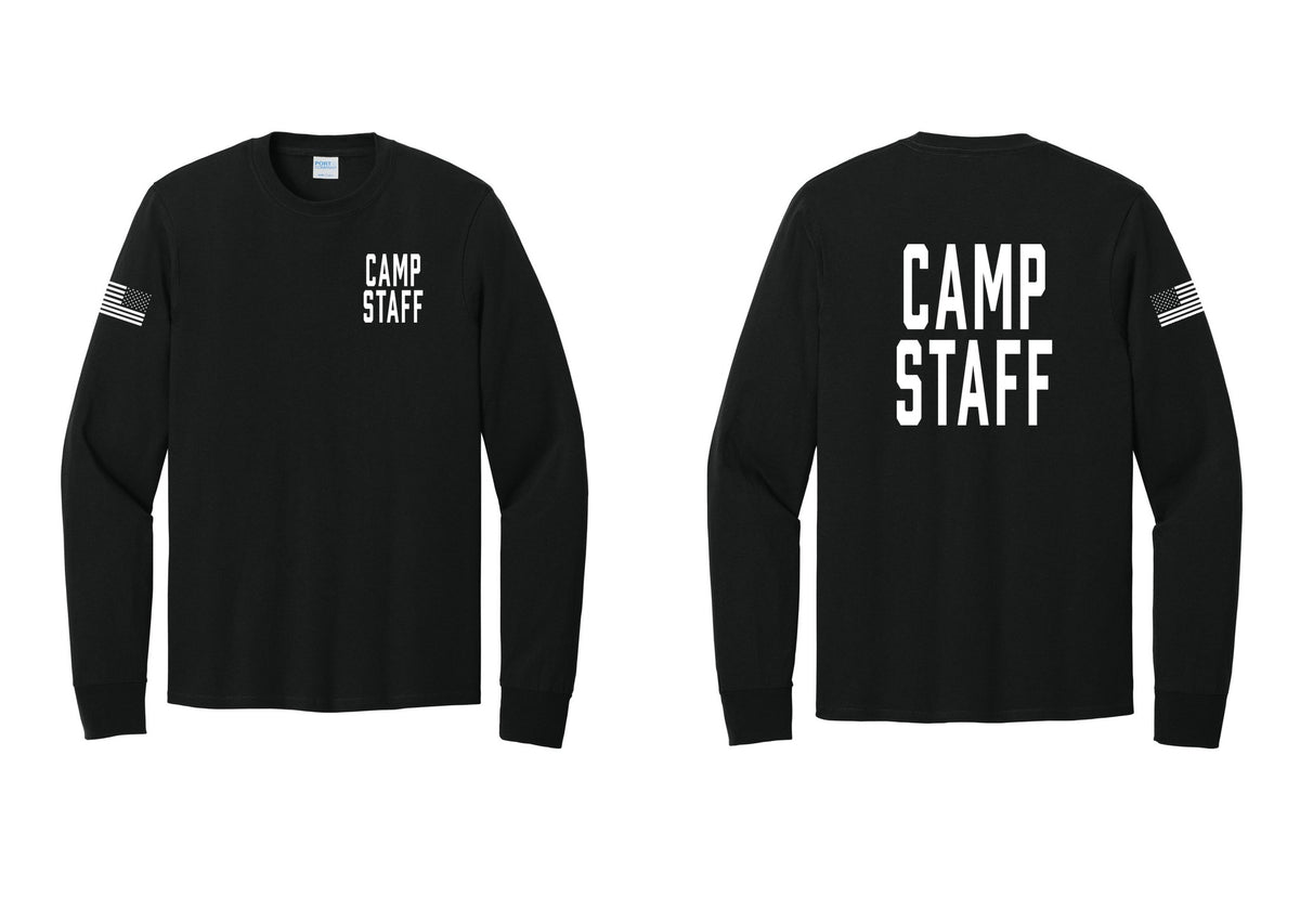 NYC Factory Camp Staff Cotton Long Sleeve T-Shirt (Classic) - Chest + Back + US Flag Sleeve - Black