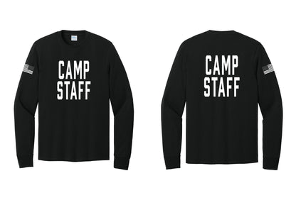 NYC Factory Camp Staff Cotton Long Sleeve T-Shirt (Classic) - Front + Back + US Flag Sleeve - Black