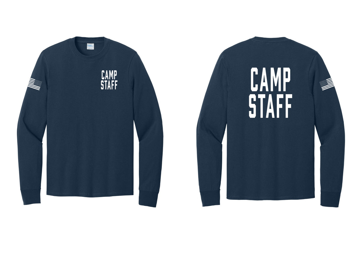 NYC Factory Camp Staff Cotton Long Sleeve T-Shirt (Classic) - Chest + Back + US Flag Sleeve - Navy