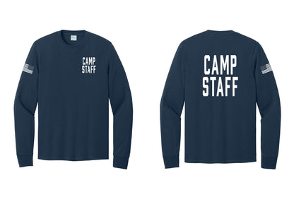NYC Factory Camp Staff Cotton Long Sleeve T-Shirt (Classic) - Chest + Back + US Flag Sleeve - Navy