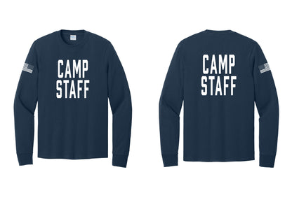 NYC Factory Camp Staff Cotton Long Sleeve T-Shirt (Classic) - Front + Back + US Flag Sleeve - Navy