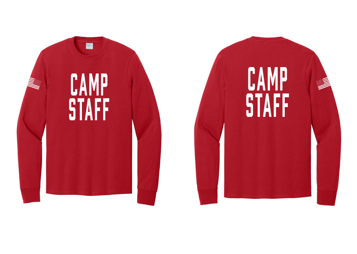 NYC Factory Camp Staff Cotton Long Sleeve T-Shirt (Classic) - Front + Back + US Flag Sleeve - Red
