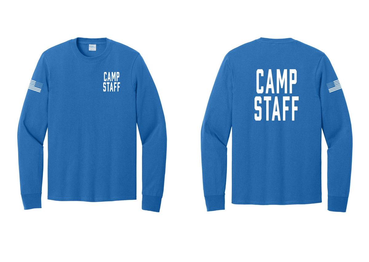 NYC Factory Camp Staff Cotton Long Sleeve T-Shirt (Classic) - Chest + Back + US Flag Sleeve - Royal