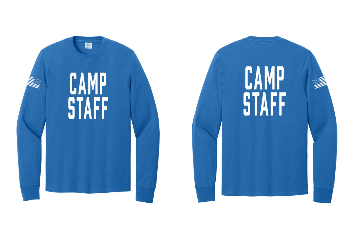 NYC Factory Camp Staff Cotton Long Sleeve T-Shirt (Classic) - Front + Back + US Flag Sleeve - Royal