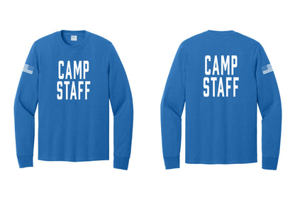 NYC Factory Camp Staff Cotton Long Sleeve T-Shirt (Classic) - Front + Back + US Flag Sleeve - Royal