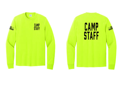 NYC Factory Camp Staff Cotton Long Sleeve T-Shirt (Classic) - Chest + Back + US Flag Sleeve - Safety Green