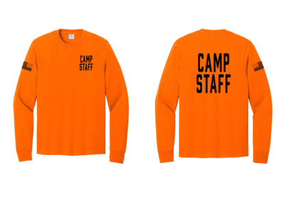 NYC Factory Camp Staff Cotton Long Sleeve T-Shirt (Classic) - Chest + Back + US Flag Sleeve - Safety Orange