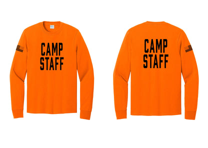 NYC Factory Camp Staff Cotton Long Sleeve T-Shirt (Classic) - Front + Back + US Flag Sleeve - Safety Orange