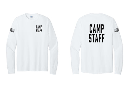 NYC Factory Camp Staff Cotton Long Sleeve T-Shirt (Classic) - Chest + Back + US Flag Sleeve - White