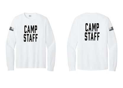 NYC Factory Camp Staff Cotton Long Sleeve T-Shirt (Classic) - Front + Back + US Flag Sleeve - White