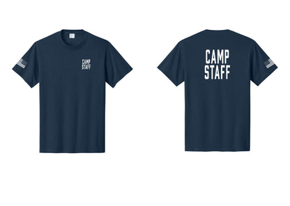 NYC Factory Camp Staff T-Shirt, Condensed Lettering - Chest + Back + US Flag Sleeve - Navy
