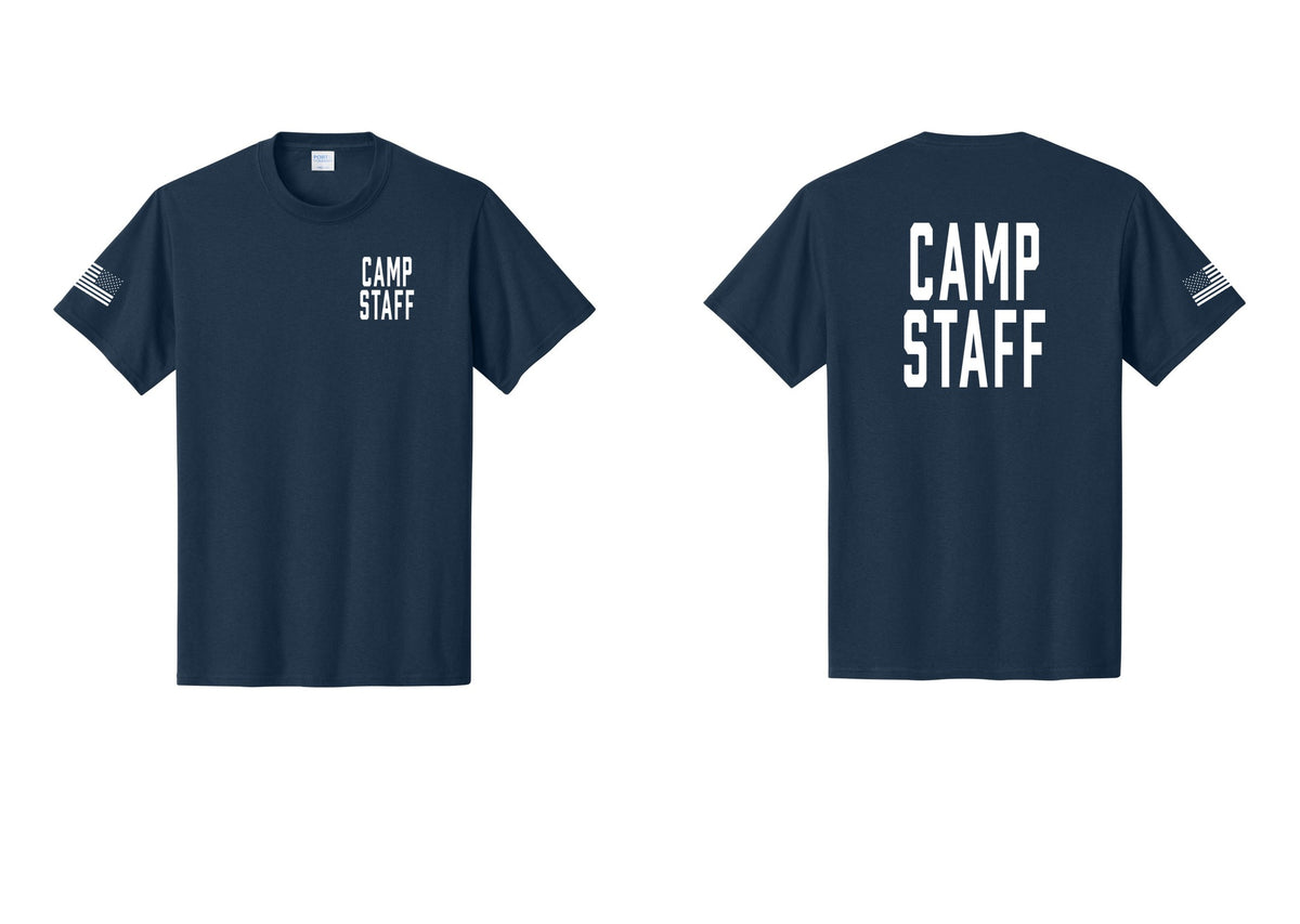 NYC Factory Unisex Camp Staff Classic T-Shirt - Chest + Back + US Flag Sleeve - Navy