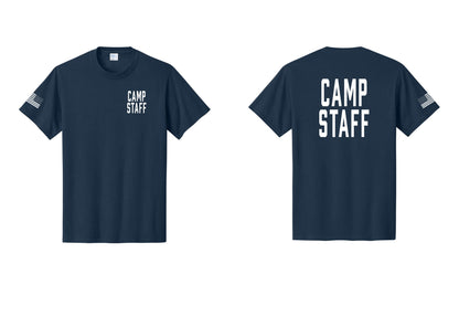 NYC Factory Unisex Camp Staff Classic T-Shirt - Chest + Back + US Flag Sleeve - Navy