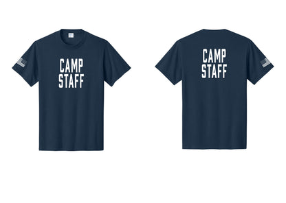 NYC Factory Camp Staff T-Shirt, Condensed Lettering - Front + Back + US Flag Sleeve - Navy