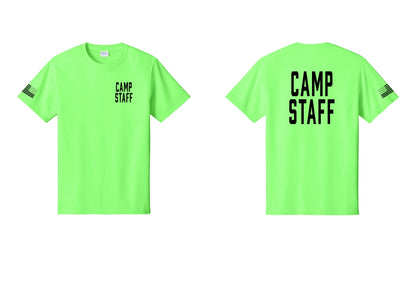 NYC Factory Unisex Camp Staff Classic T-Shirt - Chest + Back + US Flag Sleeve - Neon Green