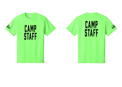 NYC Factory Unisex Camp Staff Classic T-Shirt - Front + Back + US Flag Sleeve - Neon Green