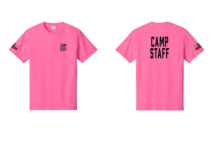 NYC Factory Camp Staff T-Shirt, Condensed Lettering - Chest + Back + US Flag Sleeve - Neon Pink