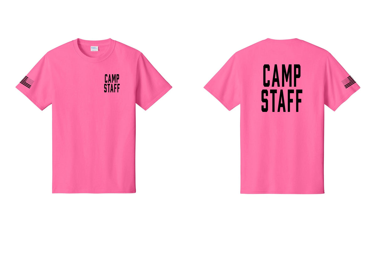 NYC Factory Unisex Camp Staff Classic T-Shirt - Chest + Back + US Flag Sleeve - Neon Pink